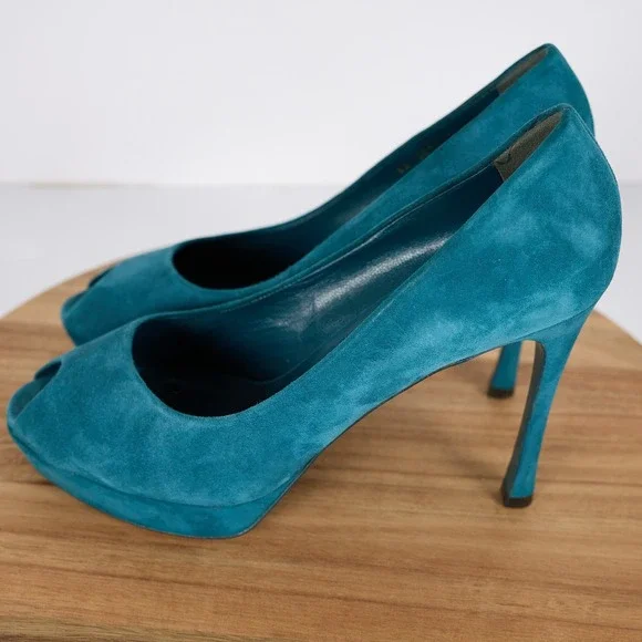 Yves Saint Laurent YSL Tribute Teal Blue Suede Peep Toe Platform Pumps Heels 41 - Picture 4 of 10